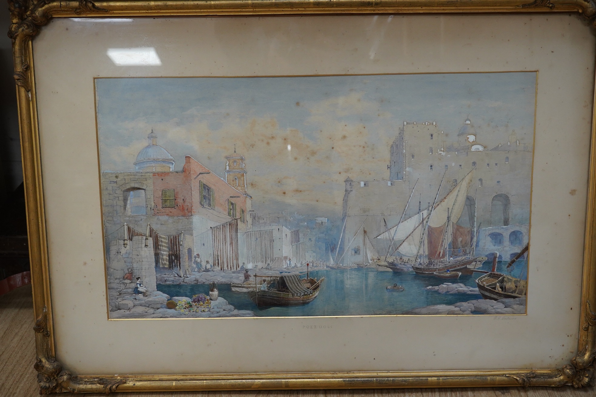 George Henry Andrews (1816 - 1898), heightened watercolour, ‘Pozzuoli’, signed to the mount, 33 x 59cm, gilt framed. Condition - poor